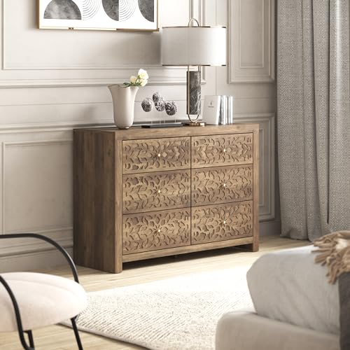 Galano Avaro 6 Drawer Dresser Large Wooden Dresser with Storage Drawers for Bedroom Organizer Laser Cut Design 45.35" D x 16.06" W x 31.73" H Knotty Oak