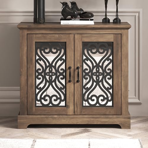 Galano Calidia 2 Door Sideboard, 32.36" Farmhouse Sideboard Buffet Storage Cabinet with Acrylic Mirror Door Coffee Bar Cabinet with Adjustable Shelves for Home Dinning Living Room, Knotty Oak