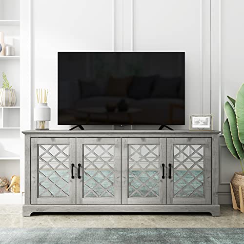 Galano Millicent TV Stand for 65-75 inch TV - Home Entertainment Center - Boho TV Stand - Living Room Furniture - Console with 4 Doors - Easy Assembly - Mexican Grey