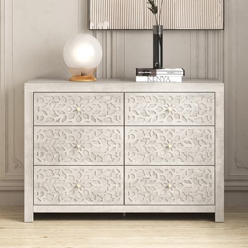 Galano Avaro 6 Drawer Dresser Wooden Bedroom Furniture Large Dresser with Drawer Organizer Laser Cut Design 45.35" D x 16.06" W x 31.73" H Dusty Grey Oak