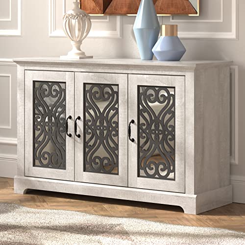 Galano Calidia 3 Door Sideboard - Accent Cabinet - Modern Distressed Oak Finish - Entryway or Living Room - Easy Assembly - Acrylic Mirror Doors - Dusty Grey Oak