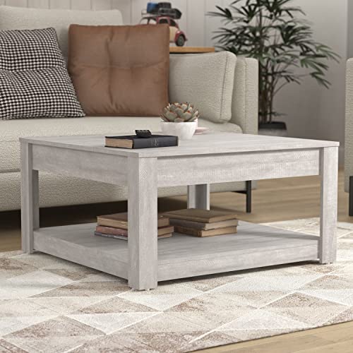 Galano Philia Square Storage Coffee Table with Drawer - Living Room Shelf - Hidden Storage - Distressed Rustic Wood Finish - (Dusty Grey Oak) - Galano Furniture