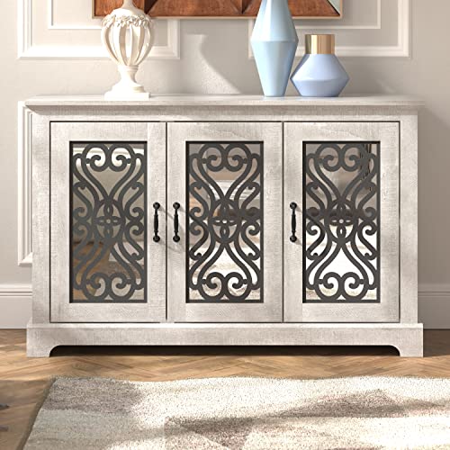 Galano Calidia 3 Door Sideboard - Accent Cabinet - Modern Distressed Oak Finish - Entryway or Living Room - Easy Assembly - Acrylic Mirror Doors - Dusty Grey Oak