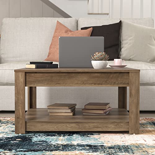 Galano Philia Square Storage Coffee Table with Drawer - Living Room Shelf - Hidden Storage - Distressed Rustic Wood Finish - (Knotty Oak) - Galano Furniture