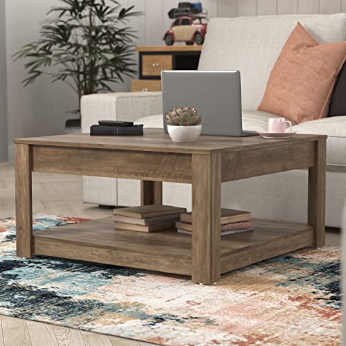 Galano Philia Square Storage Coffee Table with Drawer - Living Room Shelf - Hidden Storage - Distressed Rustic Wood Finish - (Knotty Oak) - Galano Furniture