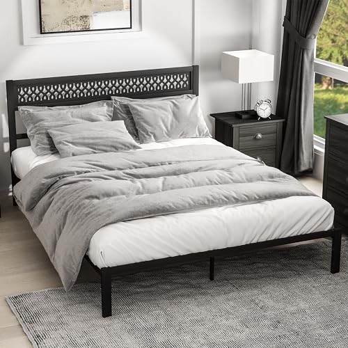 Galano Candence Metall-Bettrahmen für Queensize-Betten, kein Boxspringbett erforderlich, robuster Metall-Bettrahmen in Queensize-Größe mit Kopfteil, einfache Montage, geräuschlos, schwarz