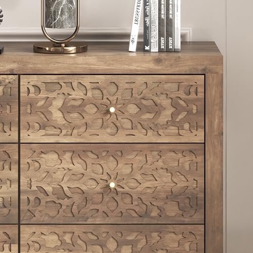 Galano Avaro 6 Drawer Dresser Large Wooden Dresser with Storage Drawers for Bedroom Organizer Laser Cut Design 45.35" D x 16.06" W x 31.73" H Knotty Oak