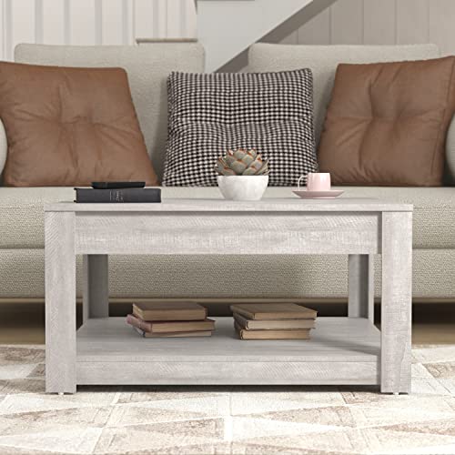 Galano Philia Square Storage Coffee Table with Drawer - Living Room Shelf - Hidden Storage - Distressed Rustic Wood Finish - (Dusty Grey Oak) - Galano Furniture