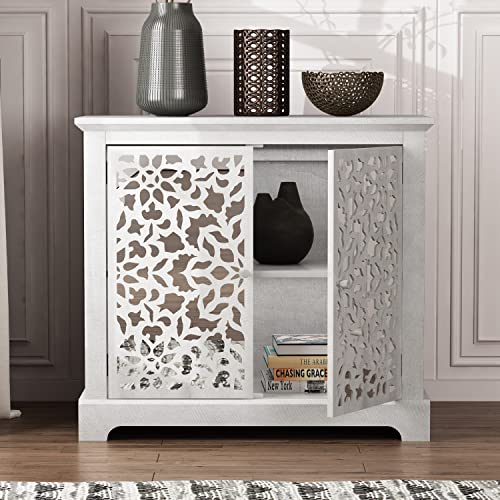 Galano Culbin 2 Door Accent Cabinet - Sideboard - Modern Distressed Oak Finish - Entryway or Living Room - Easy Assembly - Acrylic Mirror Doors - Dusty Grey Oak