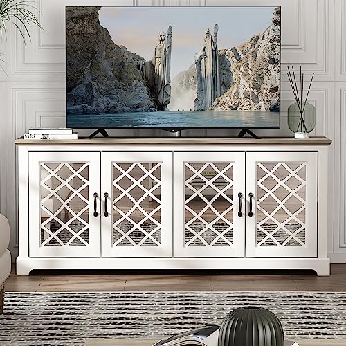 Galano Millicent 75 Inch TV Stand - Farmhouse Tv Stand - TV Stand with Storage - TV Cabinet - TV Stands for Living Room, Acrylic Mirrors - Ivory with Knotty Oak