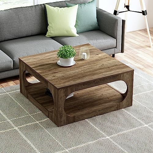 Galano Doyle Coffee Table for Living Room, Modern 2-Tier Rectangular Wooden Centre Cocktail Table with Open Shelf Storage and Oval-Shaped Frame, Knotty Oak