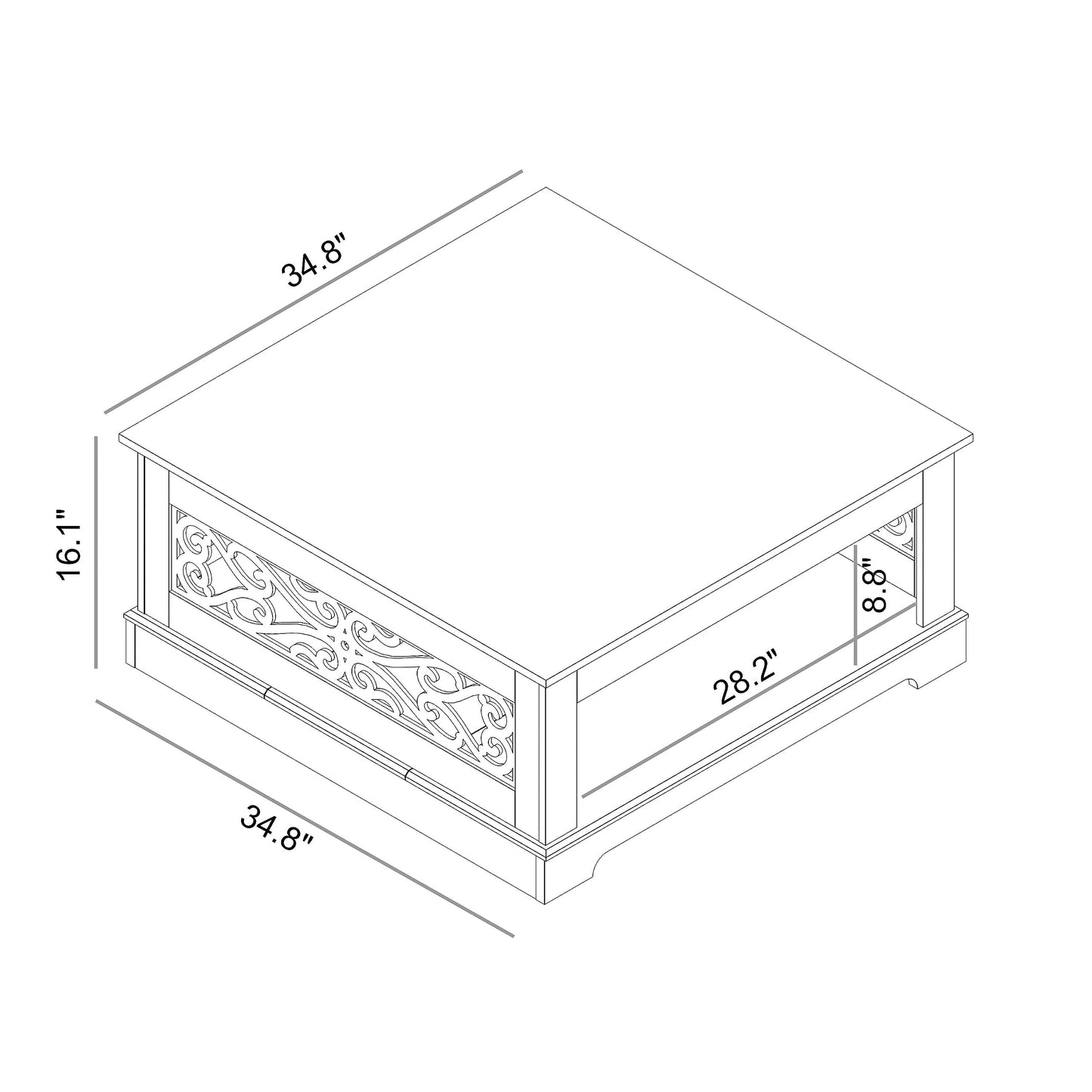 Galano Heron Mission Modern Coffee Table with Laser Cut Design, Open Storage Shelf for Living Room Decor, Square Center Table with Display Top, Knotty Oak