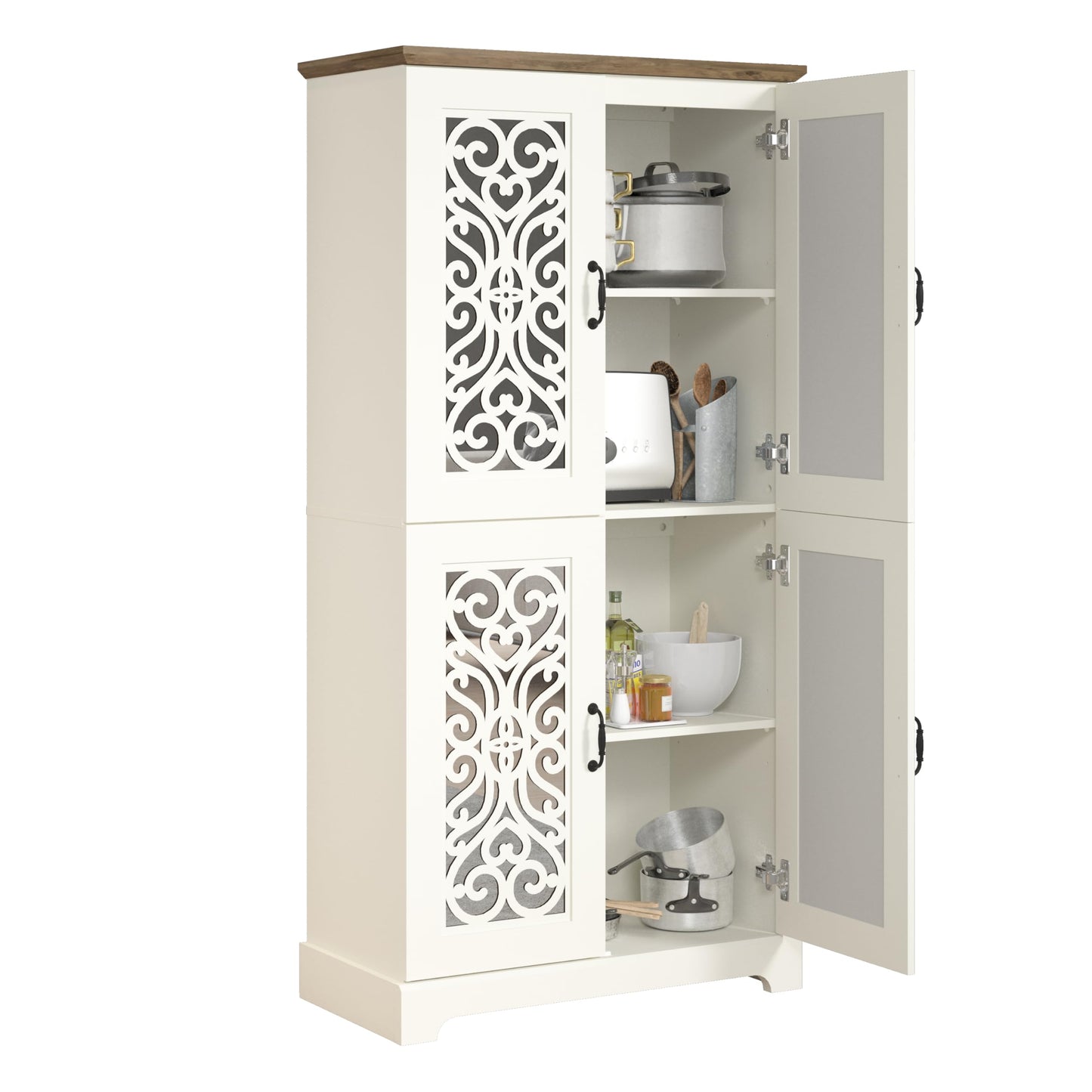 Galano Angelyca 4 Door Kitchen Pantry, Tall Storage Cabinet with Mirror Doors, Adjustable Shelves, Freestanding Cupboard for Dining Room, Living Room, Ivory Knotty Oak