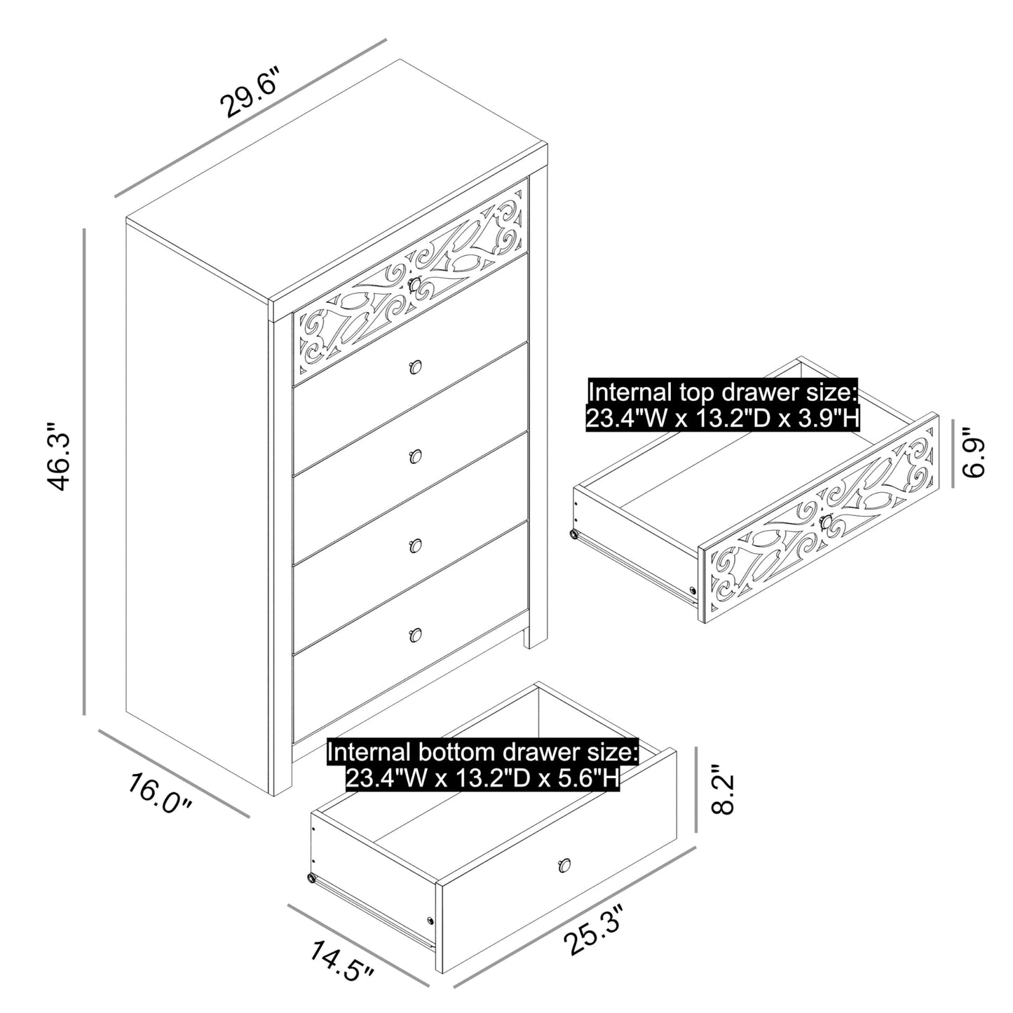 Galano Lophelia 5 Drawer Dresser Chest of Drawers for Bedroom Wood Furniture Clothing Storage Organizer Laser Cut Design 16.06" D x 29.61" W x 46.38" H Knotty Oak