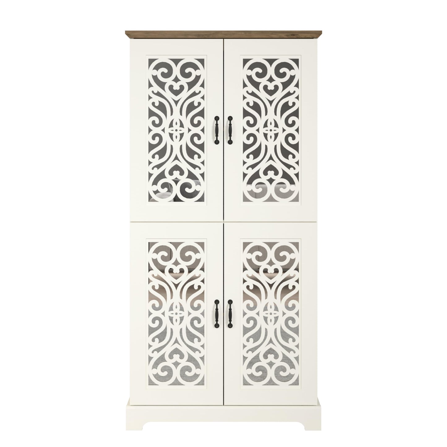 Galano Angelyca 4 Door Kitchen Pantry, Tall Storage Cabinet with Mirror Doors, Adjustable Shelves, Freestanding Cupboard for Dining Room, Living Room, Ivory Knotty Oak