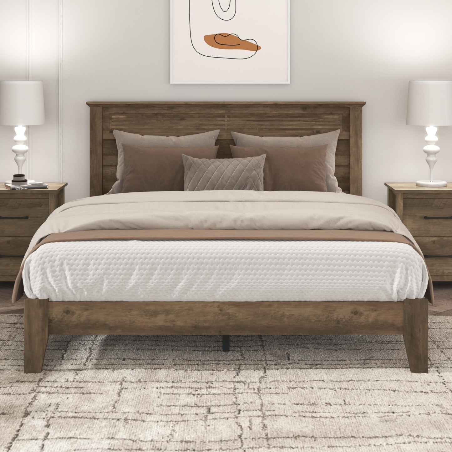 Galano Tiena Louvered Wood Platform Queen Bed Frame with Headboard, Mattress Foundation with Wood Slat Support, No Box Spring Needed, Easy Assembly, Knotty Oak