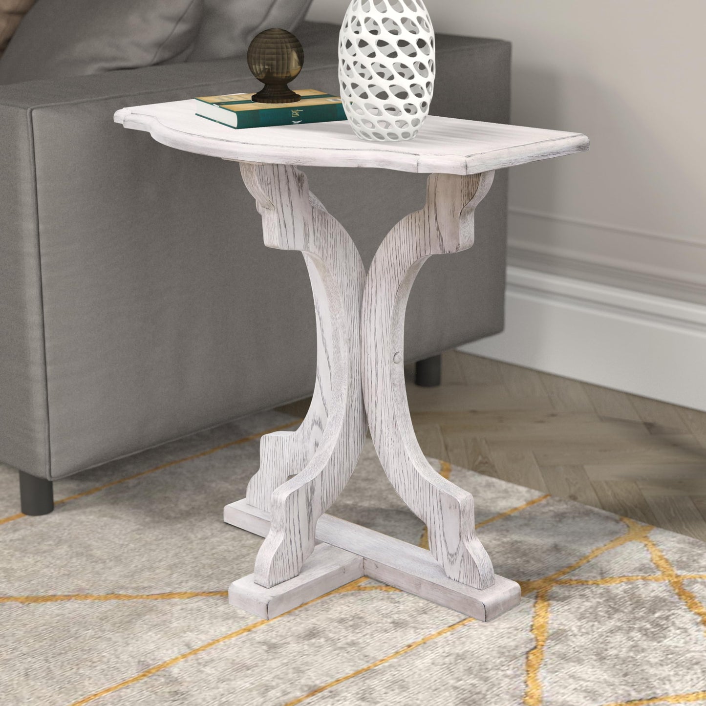 Galano Doynton Side Table with Geometric Base, End Table for Small Spaces with Storage Shelf, Nightstand for Living Room, Bedroom, Farmhouse, Easy Assembly, Antique White