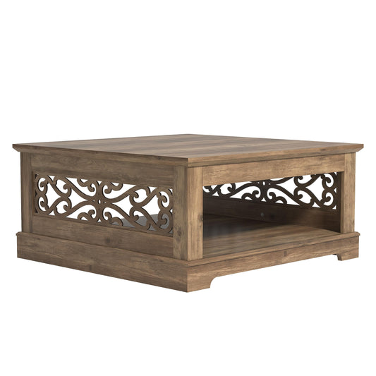 Galano Heron Mission Modern Coffee Table with Laser Cut Design, Open Storage Shelf for Living Room Decor, Square Center Table with Display Top, Knotty Oak