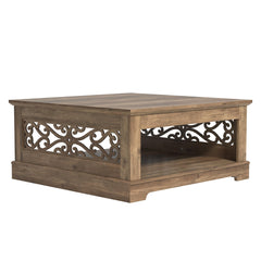 Galano Heron Mission Modern Coffee Table with Laser Cut Design, Open Storage Shelf for Living Room Decor, Square Center Table with Display Top, Knotty Oak