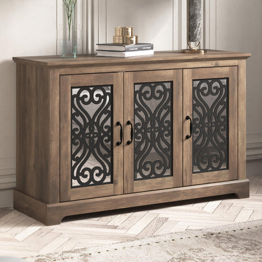 Galano Calidia Sideboard mit 3 Türen, 116 cm, Farmhouse-Sideboard, Buffet-Aufbewahrungsschrank mit Acrylspiegeltür, Kaffeebar-Schrank mit verstellbaren Regalen für das Esszimmer und Wohnzimmer zu Hause, Asteiche