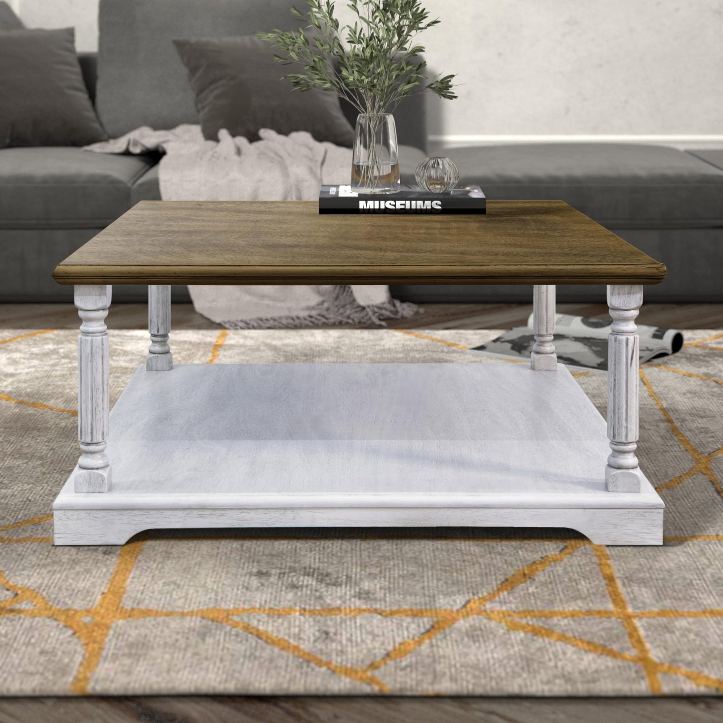 Galano Delroy Coffee Table for Living Room, 2-Tier Rustic Wood Desktop & Sturdy Legs Table Modern Design Home Furniture with Storage Shelf, Antique White & Antique Oak