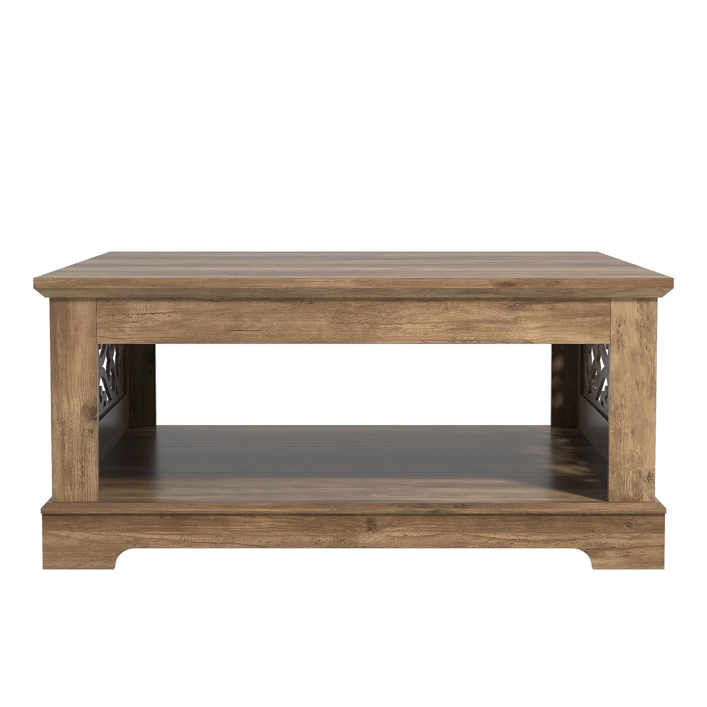 Galano Heron Mission Modern Coffee Table with Laser Cut Design, Open Storage Shelf for Living Room Decor, Square Center Table with Display Top, Knotty Oak