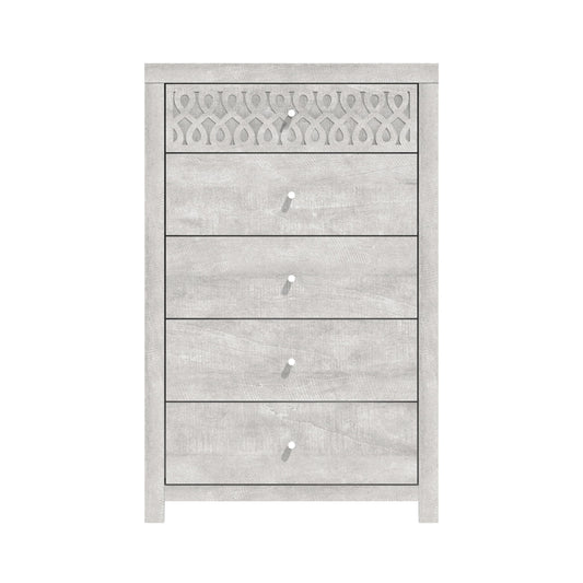 Galano Lavish Kommode mit 5 Schubladen, Holzkommode für Schlafzimmer, Aufbewahrungstruhe, Schrank-Organizer, lasergeschnittenes Design, 16,06" T x 29,61" B x 45,12" H, staubgraue Eiche