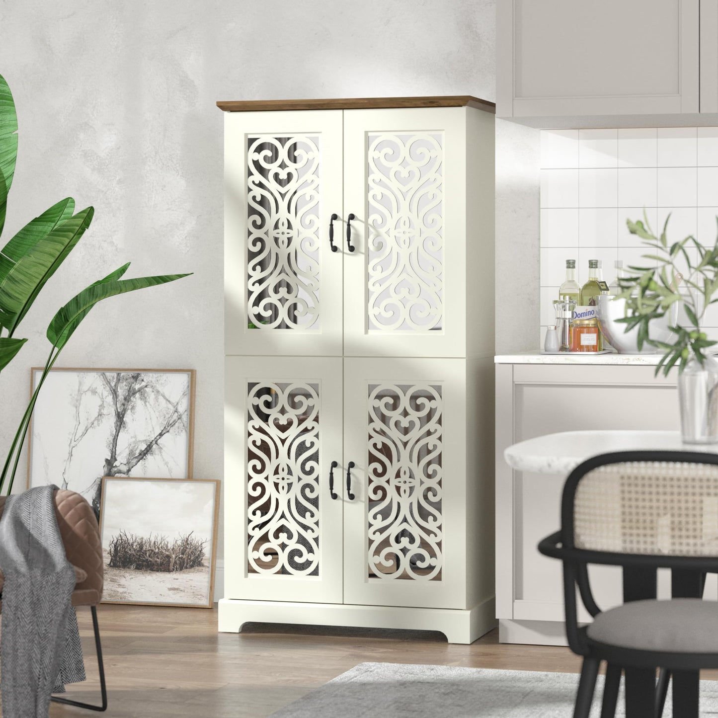 Galano Angelyca 4 Door Kitchen Pantry, Tall Storage Cabinet with Mirror Doors, Adjustable Shelves, Freestanding Cupboard for Dining Room, Living Room, Ivory Knotty Oak