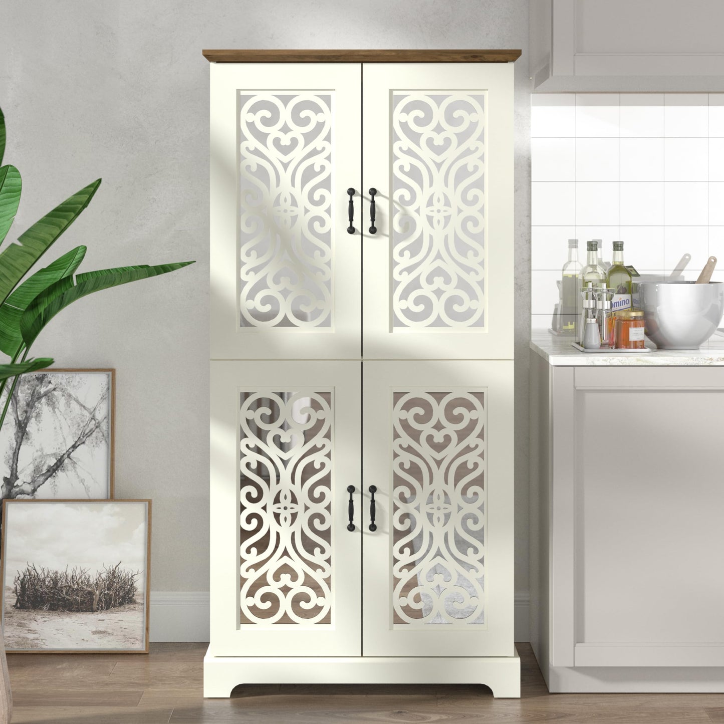 Galano Angelyca 4 Door Kitchen Pantry, Tall Storage Cabinet with Mirror Doors, Adjustable Shelves, Freestanding Cupboard for Dining Room, Living Room, Ivory Knotty Oak