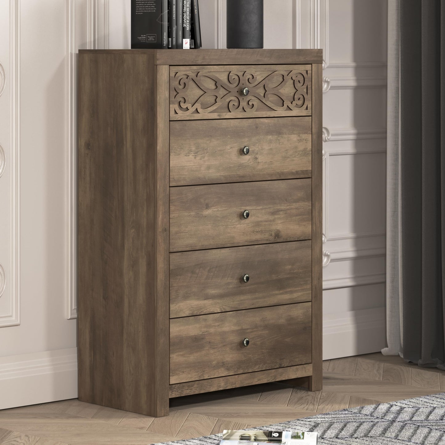 Galano Lophelia 5 Drawer Dresser Chest of Drawers for Bedroom Wood Furniture Clothing Storage Organizer Laser Cut Design 16.06" D x 29.61" W x 46.38" H Knotty Oak