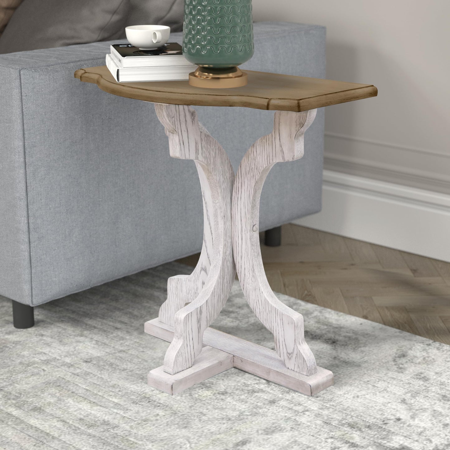 Galano Doynton Side Table with Geometric Base, End Table for Small Spaces with Storage Shelf, Nightstand for Living Room, Bedroom, Farmhouse, Easy Assembly, Antique White & Antique Oak