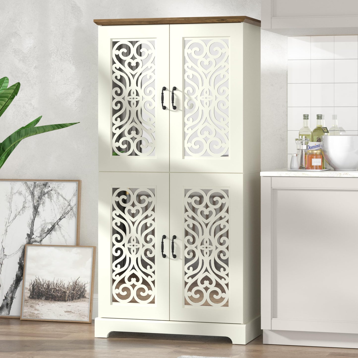 Galano Angelyca 4 Door Kitchen Pantry, Tall Storage Cabinet with Mirror Doors, Adjustable Shelves, Freestanding Cupboard for Dining Room, Living Room, Ivory Knotty Oak