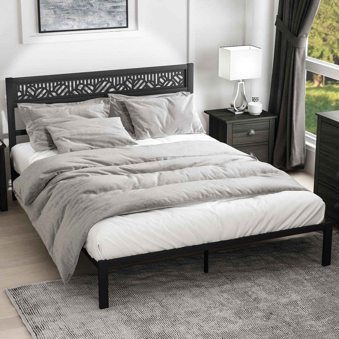 Galano Candence Arch Queen-Bettrahmen, kein Boxspring erforderlich, robuster Metall-Bettrahmen in Queen-Size mit Kopfteil, einfache Montage, geräuschlos, schwarz