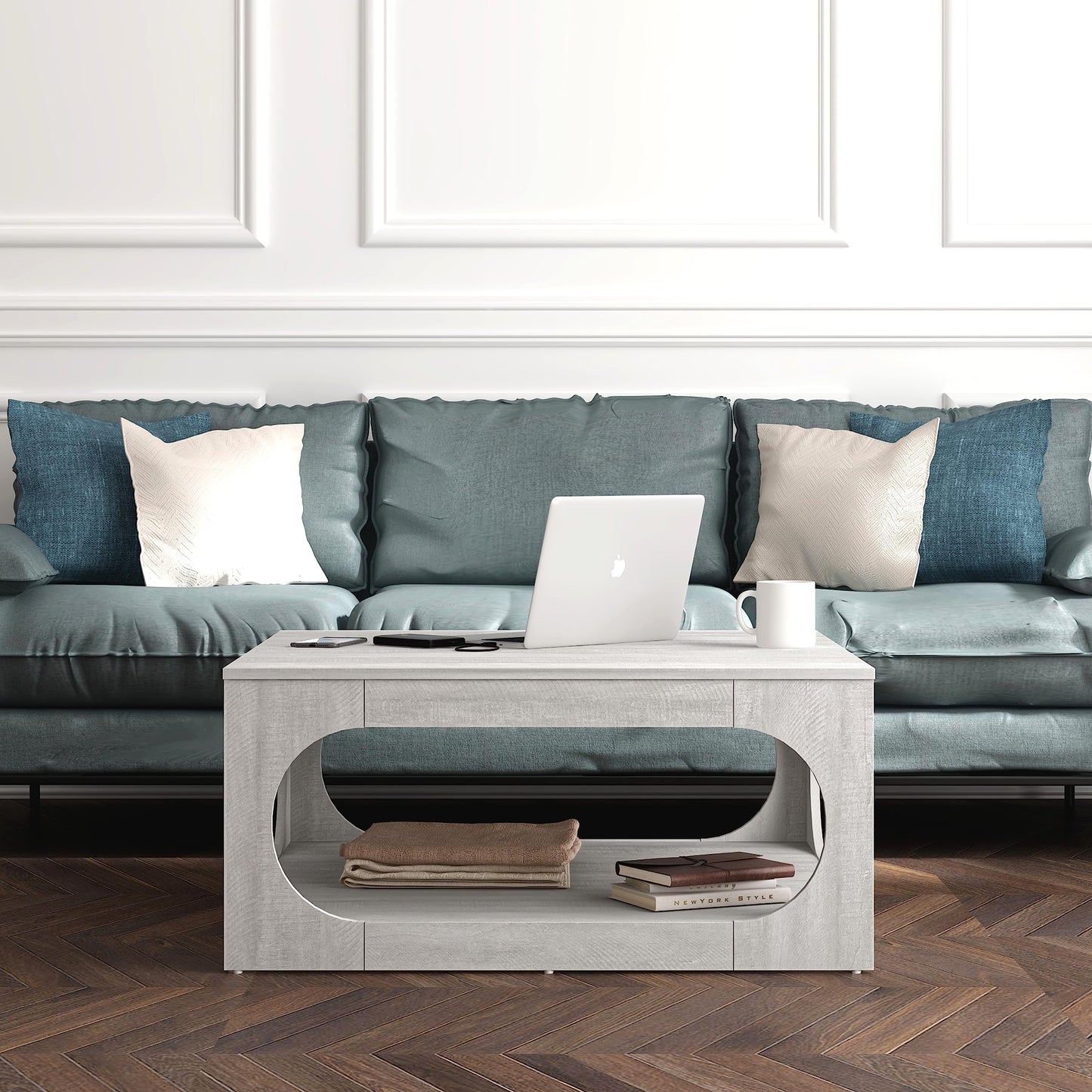 Galano Doyle Coffee Table for Living Room, Modern 2-Tier Rectangular Wooden Centre Cocktail Table with Open Shelf Storage and Oval-Shaped Frame, Dusty Grey Oak