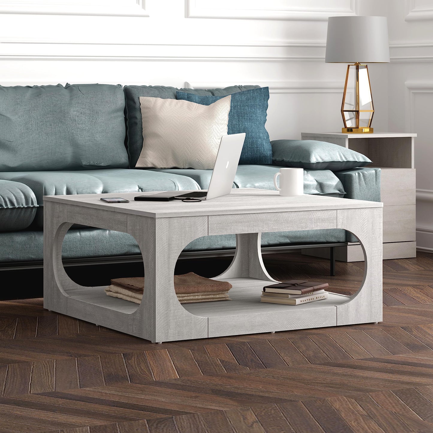 Galano Doyle Coffee Table for Living Room, Modern 2-Tier Rectangular Wooden Centre Cocktail Table with Open Shelf Storage and Oval-Shaped Frame, Dusty Grey Oak