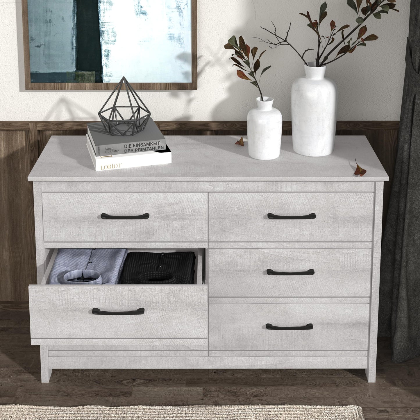 Galano Kellie 6 Drawer Dresser Wide Dressers for Bedroom 6 Deep Drawers for Closet Organizer Tool-Less Ultra Fast Assembly with Interlock Drawer Feature Dusty Grey Oak