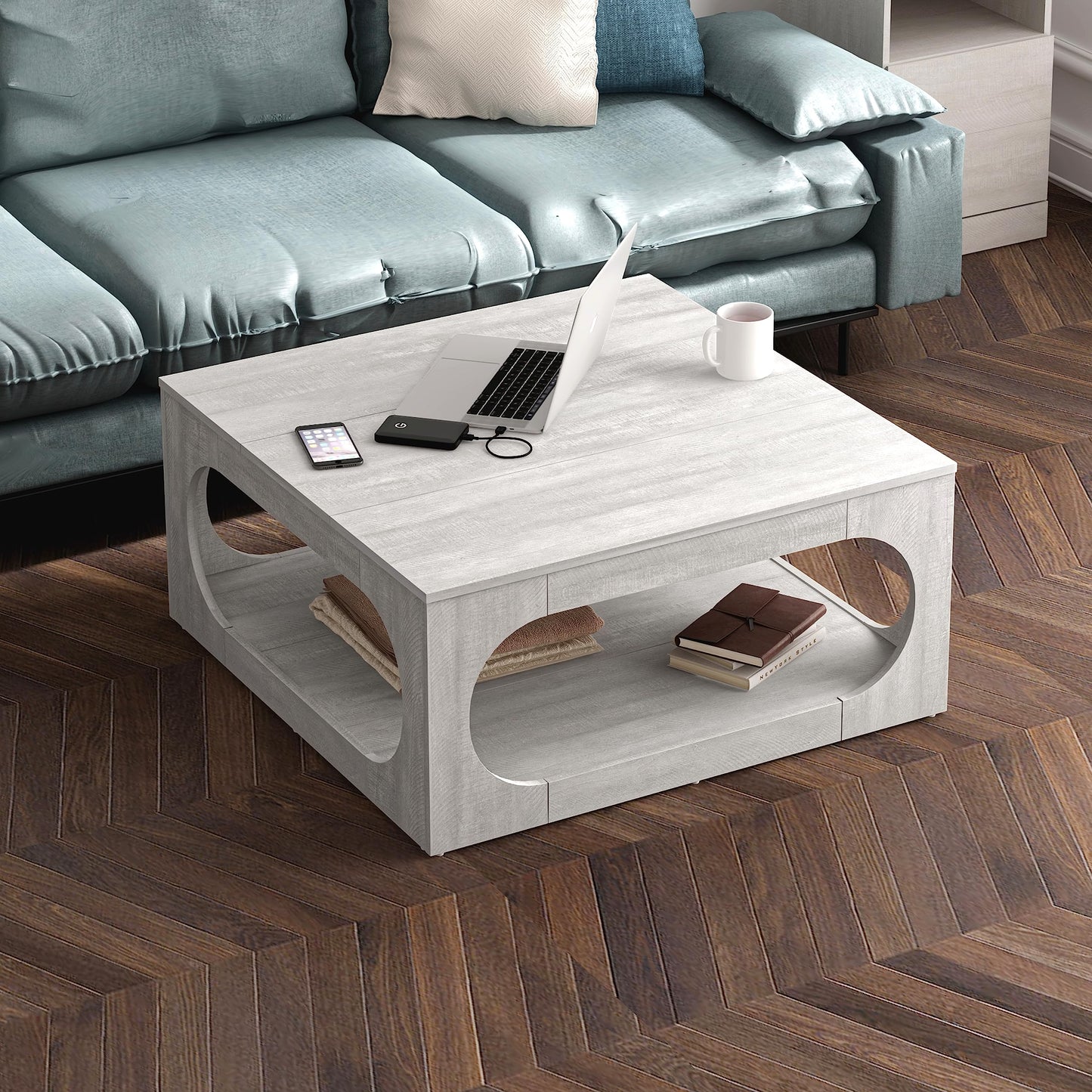 Galano Doyle Coffee Table for Living Room, Modern 2-Tier Rectangular Wooden Centre Cocktail Table with Open Shelf Storage and Oval-Shaped Frame, Dusty Grey Oak