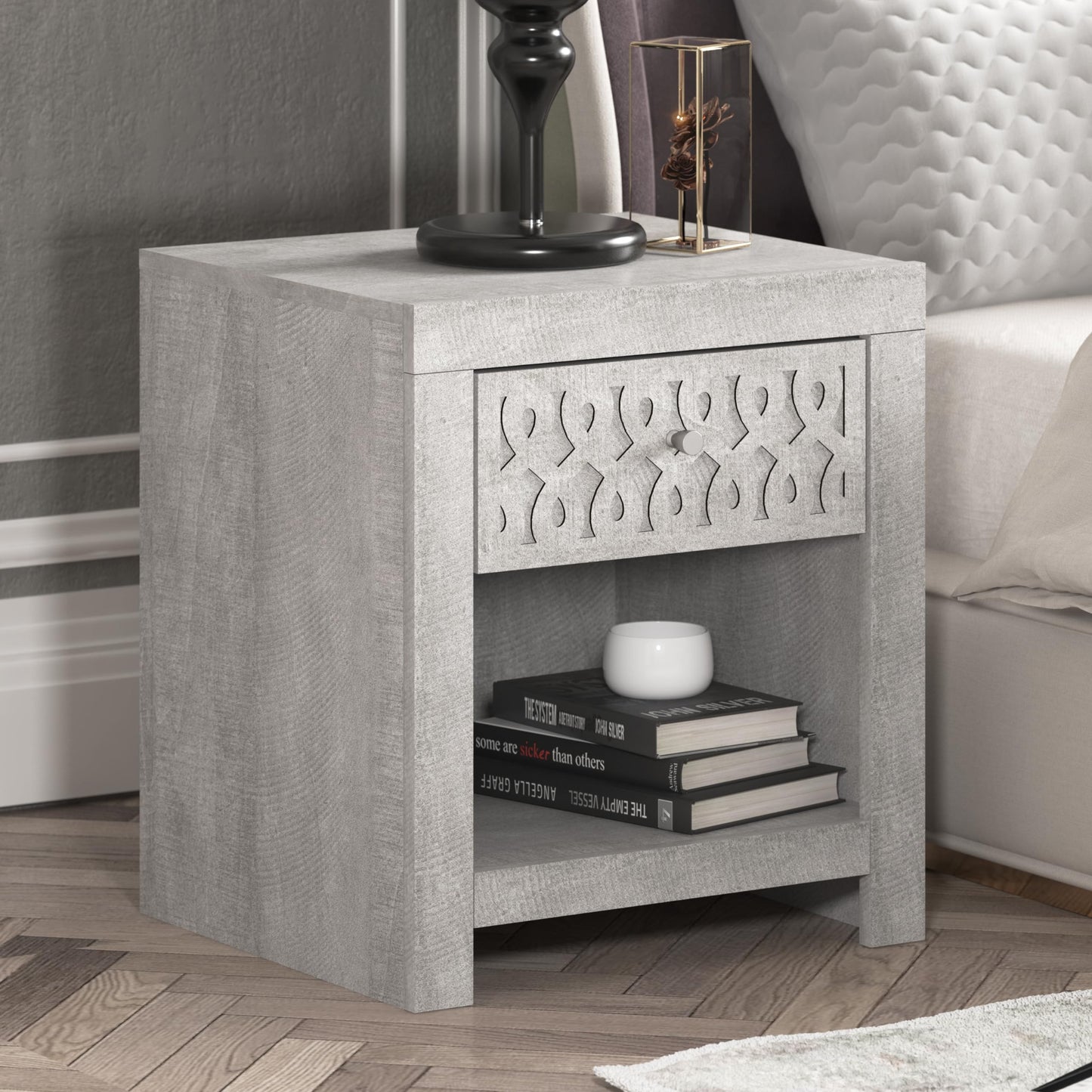 Galano Lavish Nightstand Modern Side End Table with Storage for Living Room, Bedroom and Small Spaces, Bedside Tables with Solid Wood Legs, Easy Assembly, Dusty Grey Oak