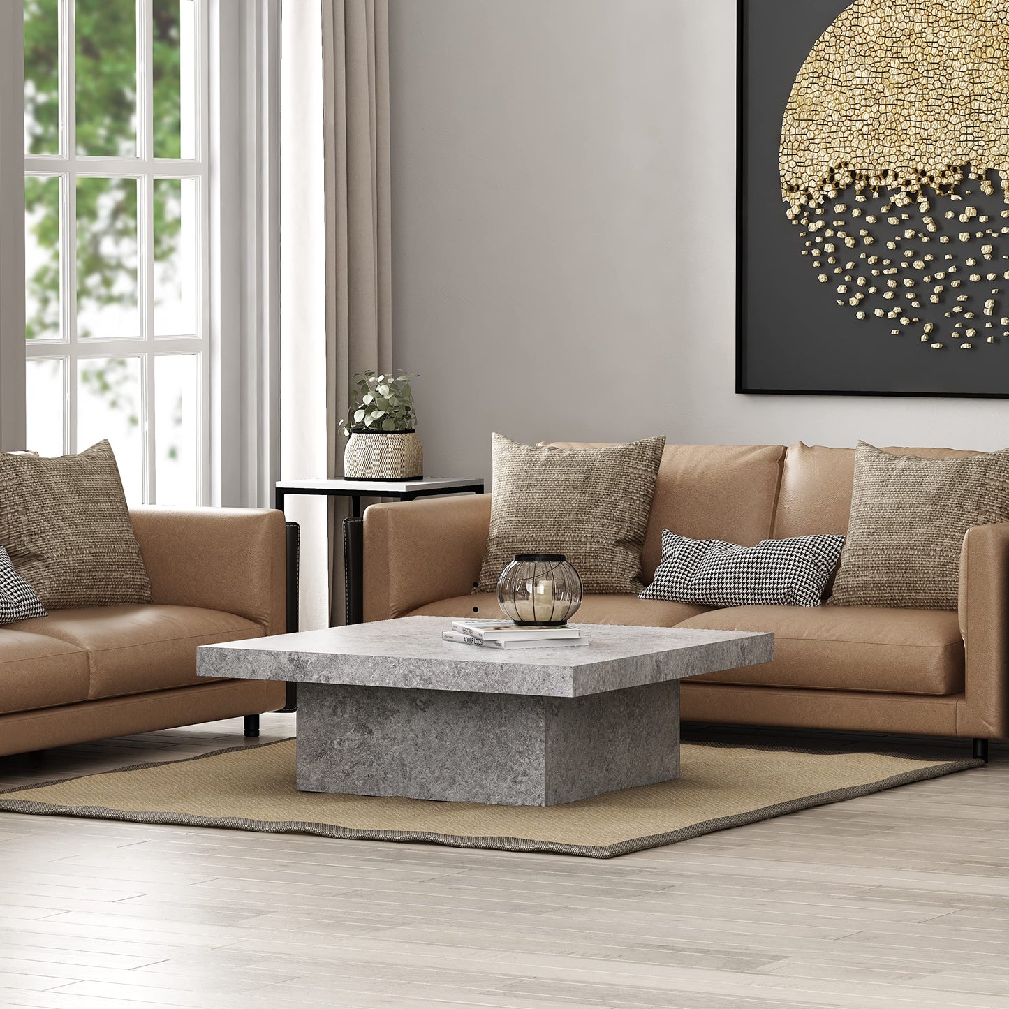 Galano Carmelo Coffee Table - Granite Design Table for Living Room - Natural Distressed Finish Texture - Square Wood Modern - Easy Assembly - Concrete Cool Grey