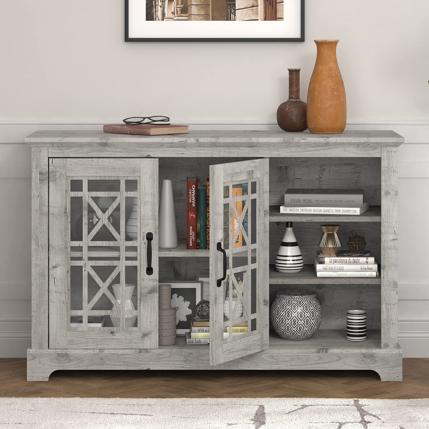 Galano Isadora 2 Door Sideboard with Shelves, Farmhouse Buffet Cabinet, Rustic Storage Cabinet, Coffee Bar for Dining Room, Kitchen, Hallway and Living Room, Mexican Grey