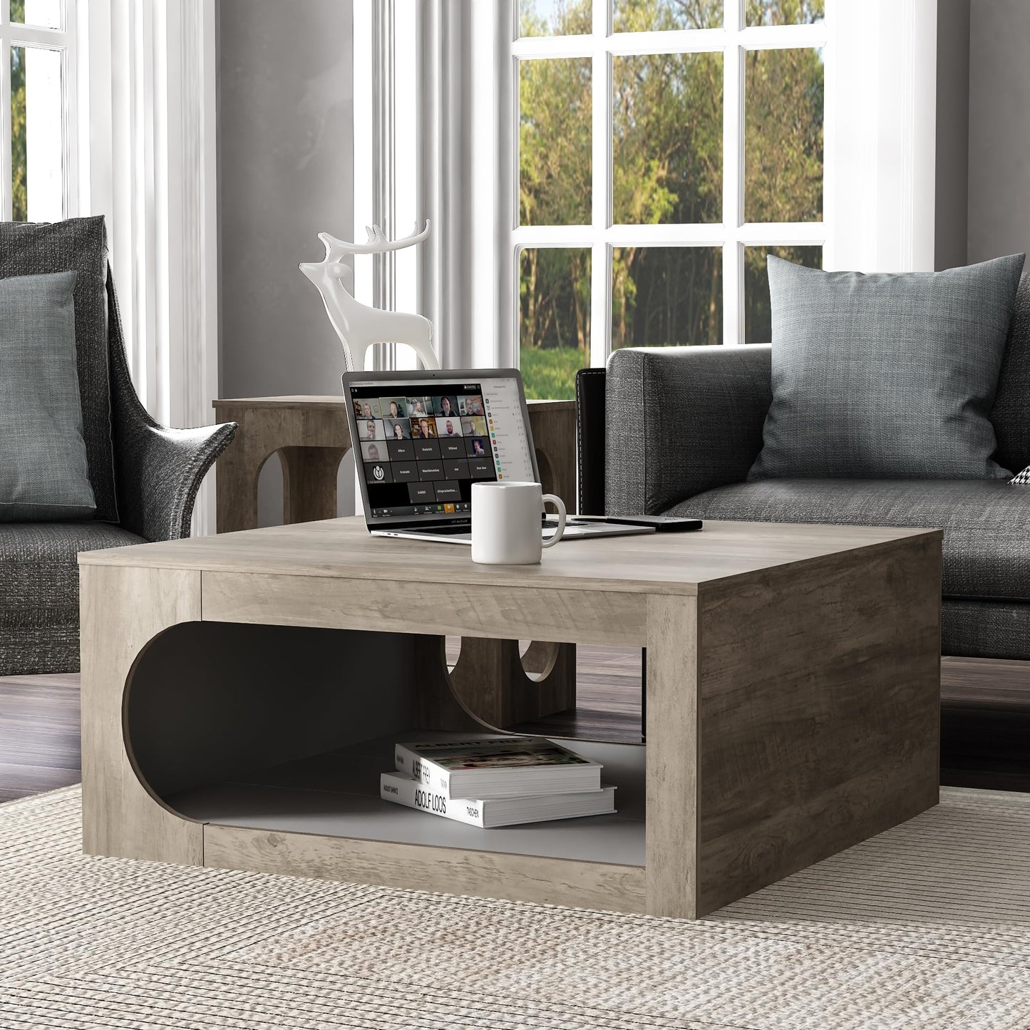 Galano Janus Modern Coffee Table with Minimalist Framed, Open Storage Shelf for Living Room Decor, Square Center Table with Display Top for Dining, Knotty Grey Oak