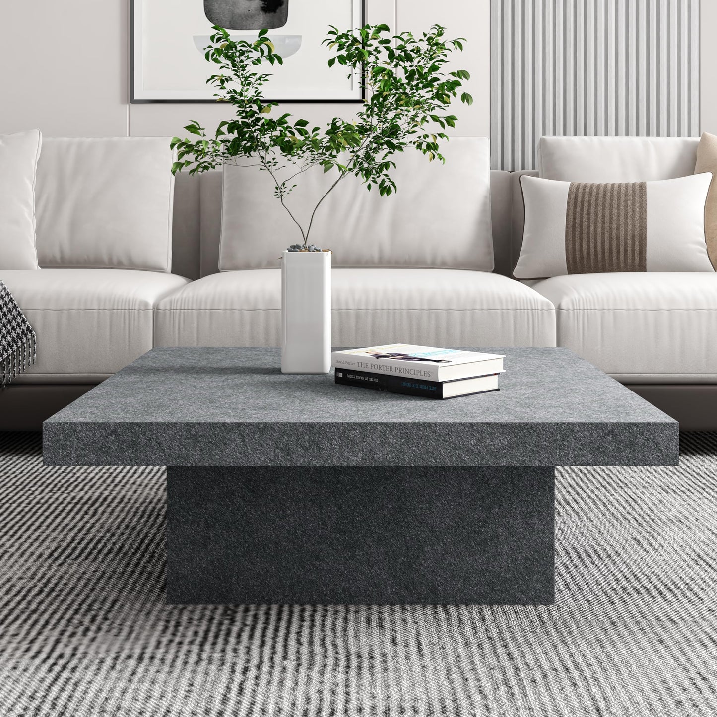 Galano Carmelo Coffee Table for Living Room, Square Minimalist Center Table with Industrial Design, Abundance Top Surface for Decor Display, Grey Stone