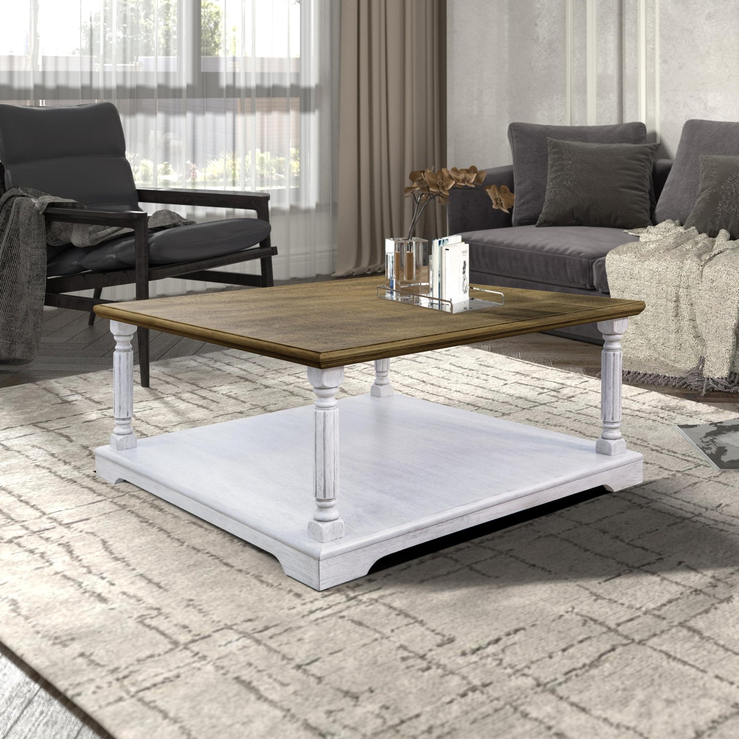 Galano Delroy Coffee Table for Living Room, 2-Tier Rustic Wood Desktop & Sturdy Legs Table Modern Design Home Furniture with Storage Shelf, Antique White & Antique Oak