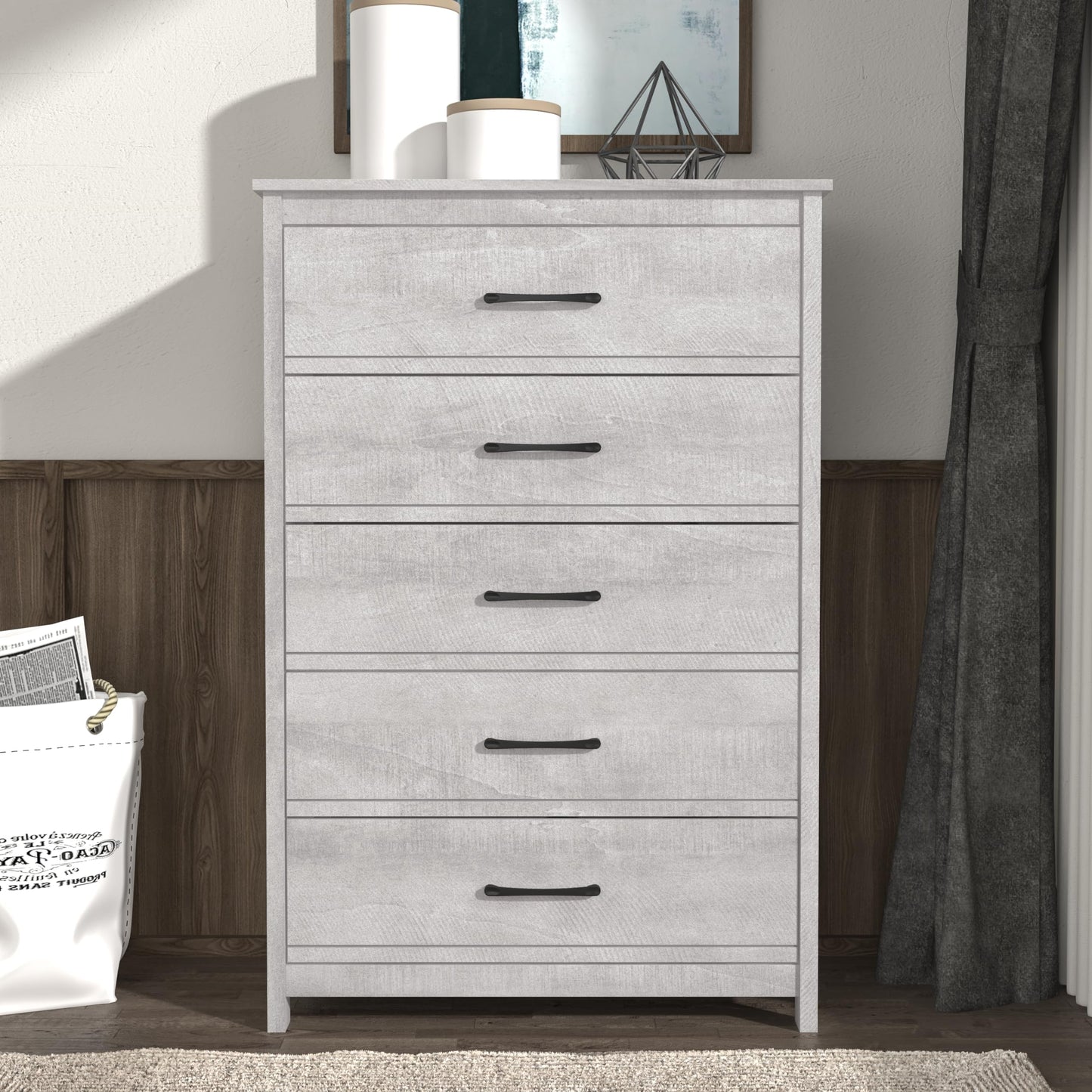 Galano Kellie 5 Drawer Dresser Wide Dressers for Bedroom 6 Deep Drawers for Closet Organizer Tool-Less Ultra Fast Assembly with Interlock Drawer Feature Dusty Grey Oak