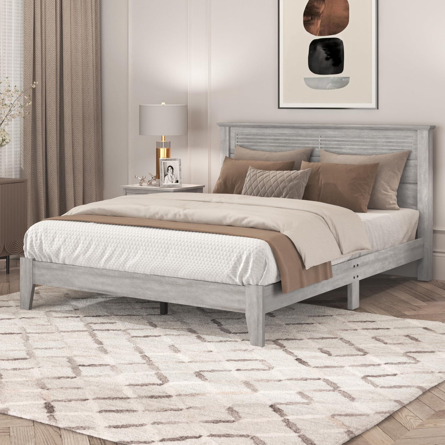 Galano Tiena Louvered Wood Platform Queen Bed Frame with Headboard, Mattress Foundation with Wood Slat Support, No Box Spring Needed, Easy Assembly, Dusty Grey Oak