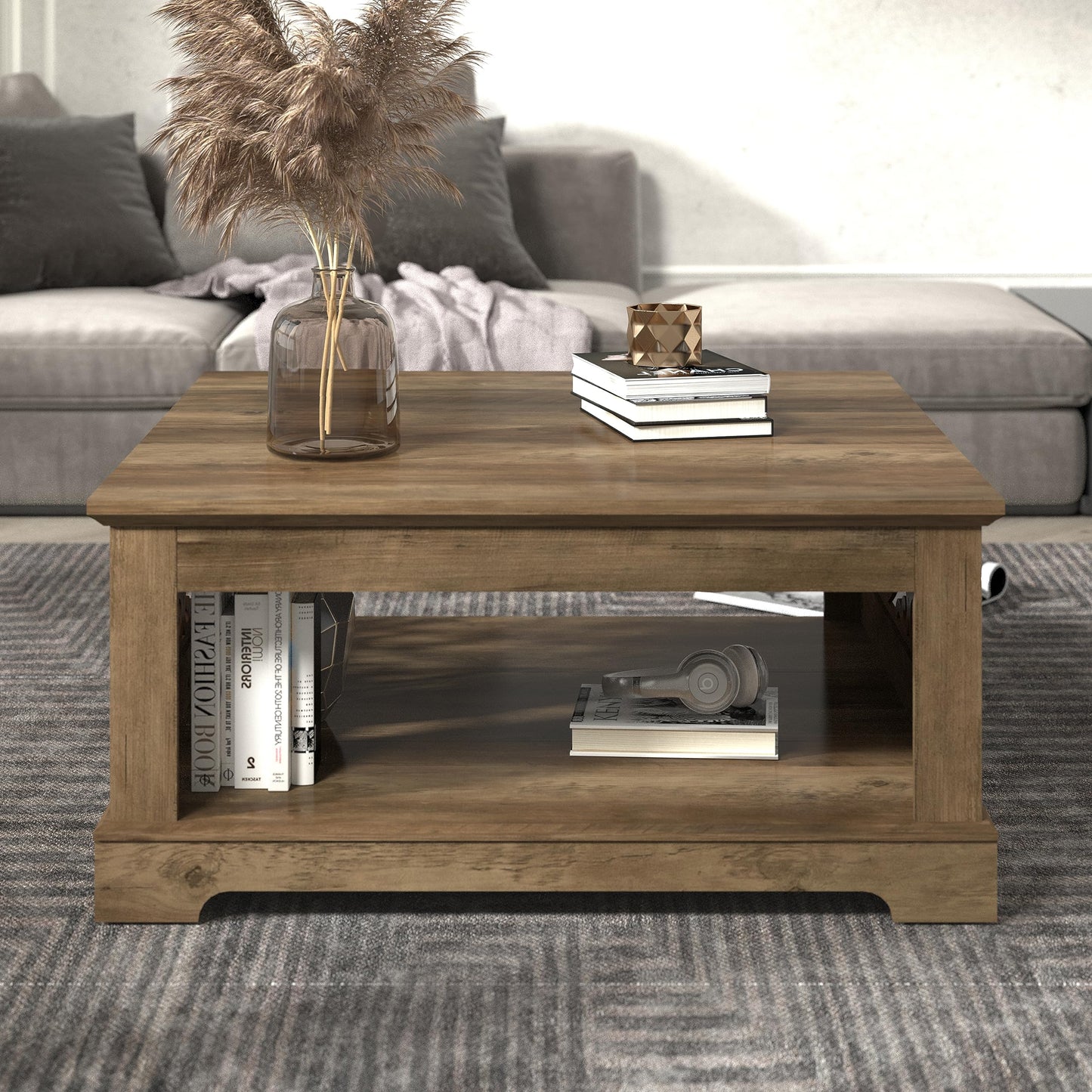 Galano Heron Mission Modern Coffee Table with Laser Cut Design, Open Storage Shelf for Living Room Decor, Square Center Table with Display Top, Knotty Oak