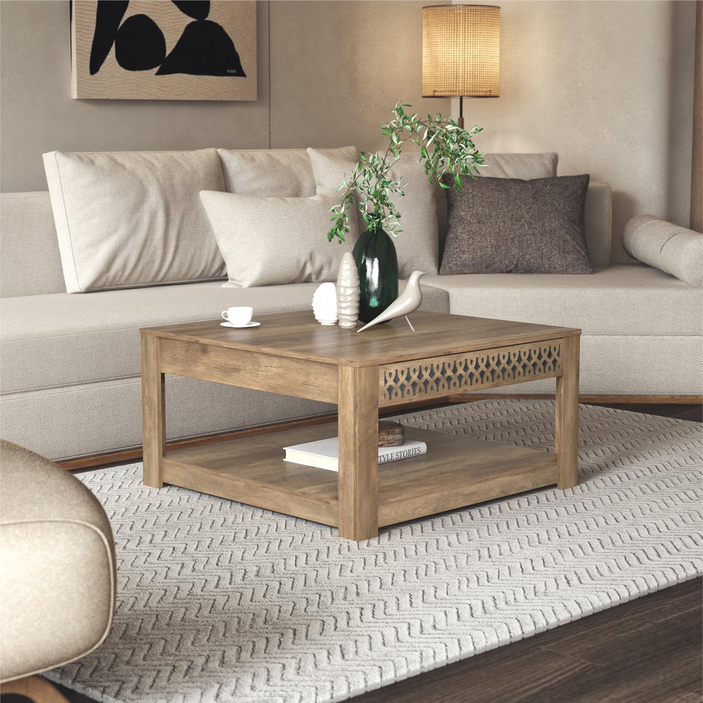 Galano Japtur Coffee Table - Coffee Tables for Living Room - Wood Coffee Table - Living Room Furniture - Dining Table - Storage Shelf - Easy Assembly - Knotty Oak