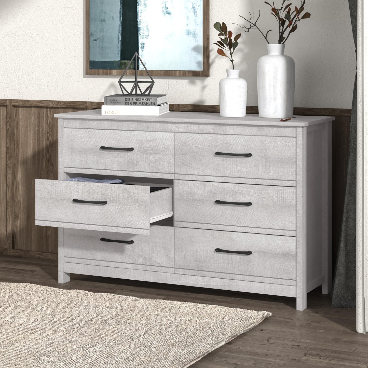 Galano Kellie 6 Drawer Dresser Wide Dressers for Bedroom 6 Deep Drawers for Closet Organizer Tool-Less Ultra Fast Assembly with Interlock Drawer Feature Dusty Grey Oak