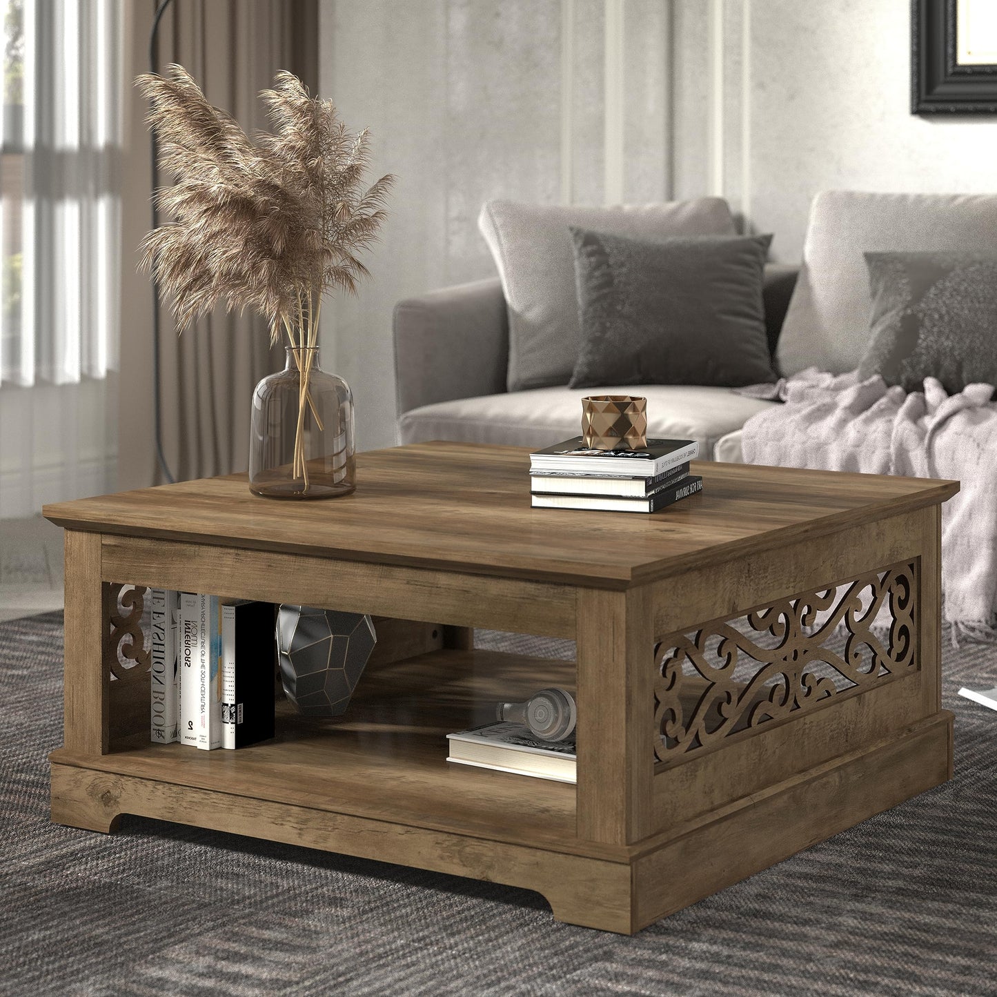 Galano Heron Mission Modern Coffee Table with Laser Cut Design, Open Storage Shelf for Living Room Decor, Square Center Table with Display Top, Knotty Oak