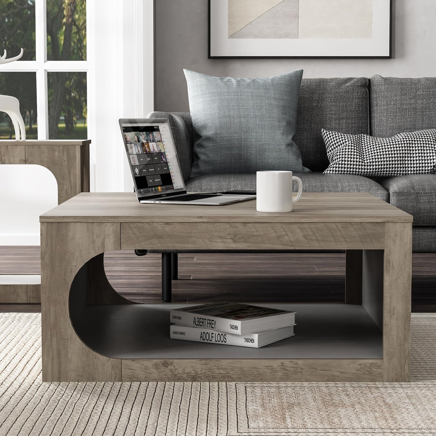 Galano Janus Modern Coffee Table with Minimalist Framed, Open Storage Shelf for Living Room Decor, Square Center Table with Display Top for Dining, Knotty Grey Oak